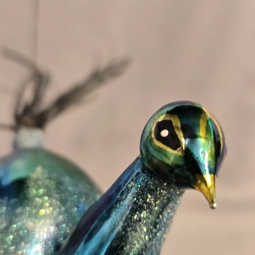Glass Peacock Clip On Christmas Ornament Glitter Real Partial Tail Feather